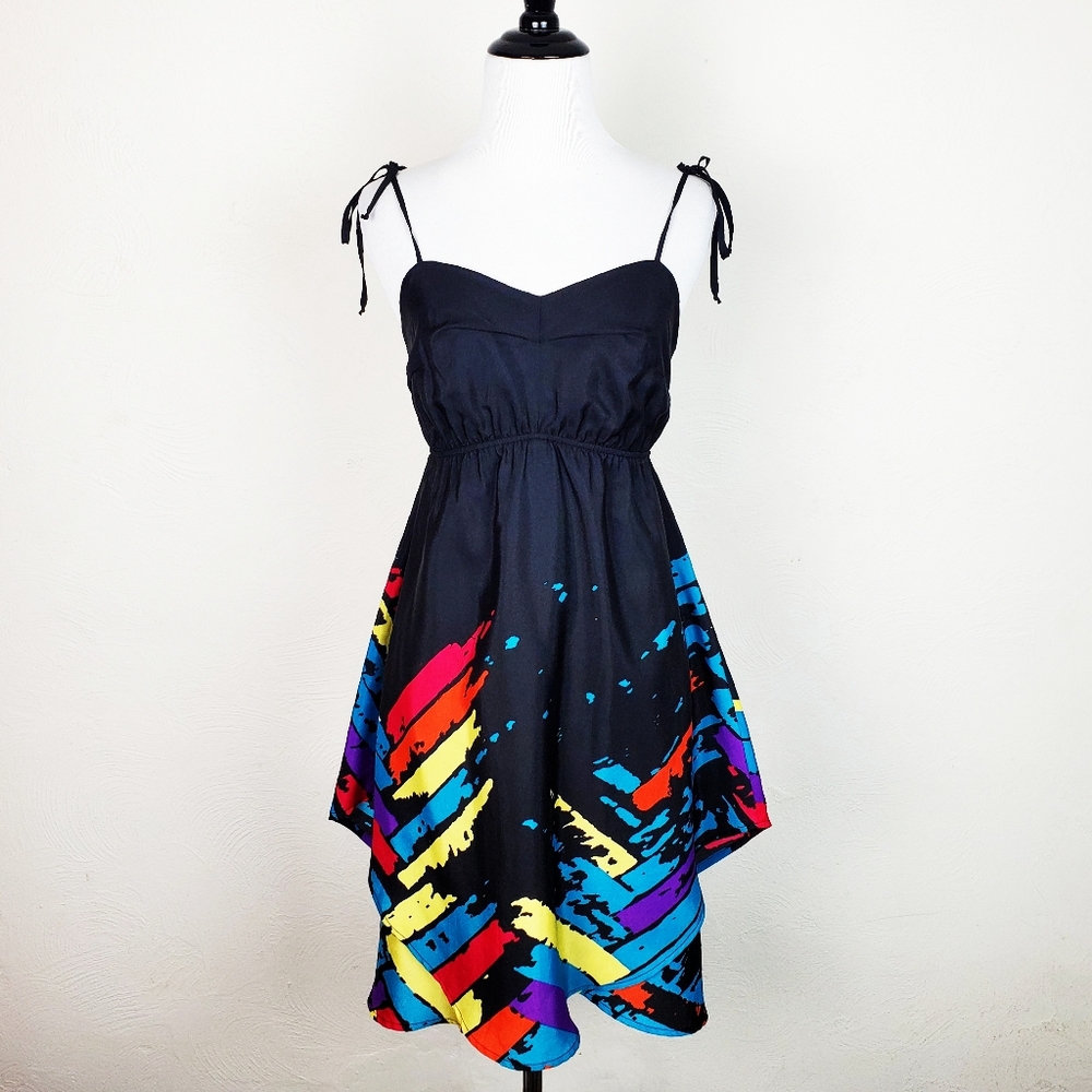 DV Dolce Vita Dress Rainbow Fit Flare Black Handkerchief Tie Straps Boho Artsy